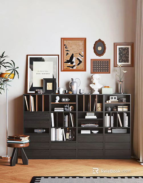 Dark Wood Bookcase With Books Decorative Items Statue Vase And Wall Art 3d model 