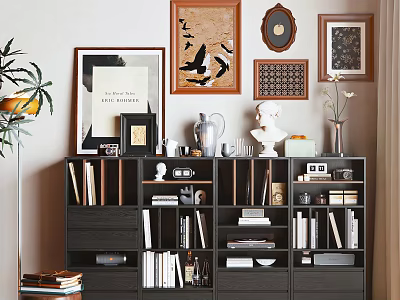 Dark Wood Bookcase With Books Decorative Items Statue Vase And Wall Art 3d model
