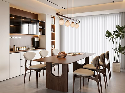 Modern Restaurant Open Kitchen Design With Dining Table Chairs Hanging Lights And Plants 3d model