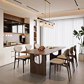 Modern Restaurant Open Kitchen Design With Dining Table Chairs Hanging Lights And Plants