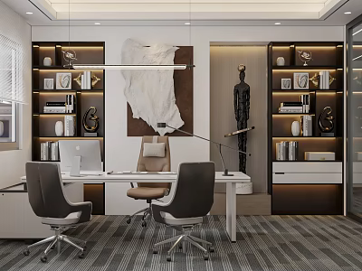 Modern Office Interior Design With Executive Desk Ergonomic Chairs And Decorative Shelves 3d model