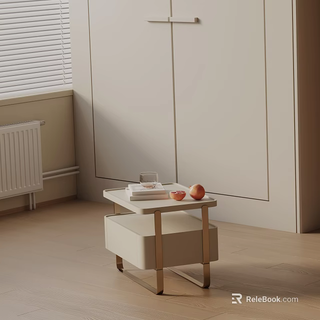 Modern Wooden Side Table With Light Beige Top And Books Fruits In Living Corner 3d model 
