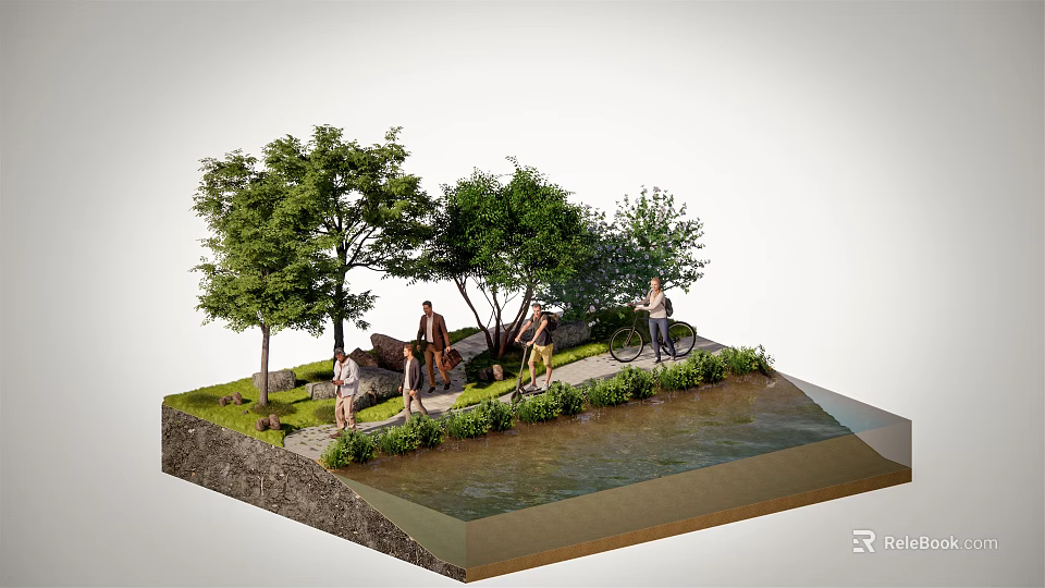 Garden Decor with Trees Path People and Waterfront Green Grass Area 3d model