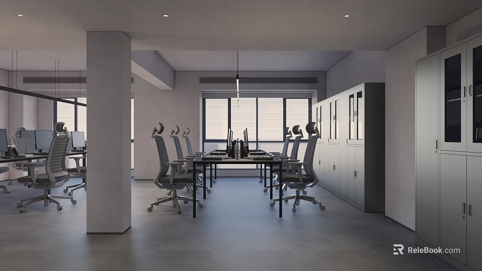 Modern Public Office Area Interior With Desks Ergonomic Chairs Large Windows And Storage Cabinets 3d model 