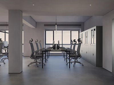 Modern Public Office Area Interior With Desks Ergonomic Chairs Large Windows And Storage Cabinets 3d model