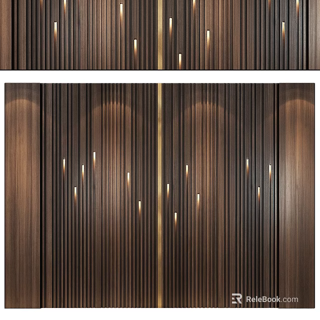 Dark Wood Slat Bed Accent Wall With Lighting And Gold Accents 3d model 
