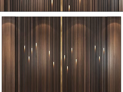 Dark Wood Slat Bed Accent Wall With Lighting And Gold Accents 3d model