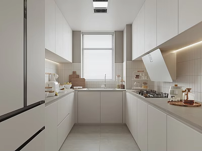 Modern Kitchen Interior With White Cabinets Window Blinds And Sleek Countertop 3d model
