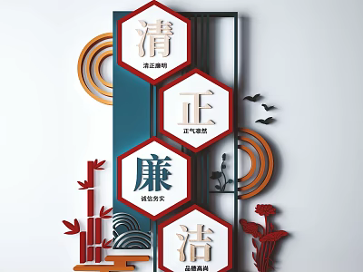 Chinese Style Wall Decor With Hexagonal Design Chinese Characters Bamboo And Landscape Elements 3d model