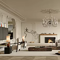 Elegant Modern Living Room Interior With Ornate Chandelier Fireplace Paneled Walls And Light Sofa
