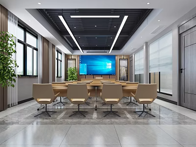 Modern Conference Room Interior With Long Table Chairs Large Screen Windows And Plants 3d model
