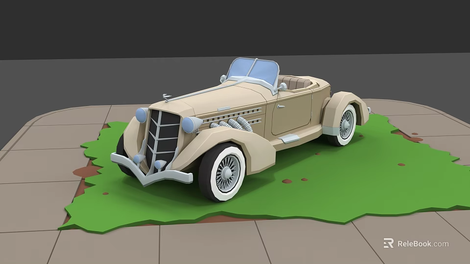 Vintage Beige Convertible Car Parked On Green Grass With Classic Design 3d model 