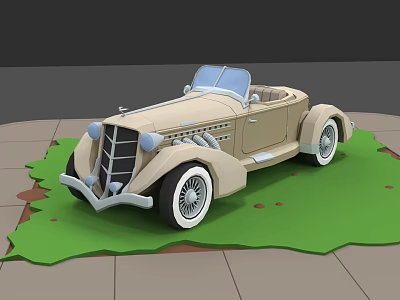 Vintage Beige Convertible Car Parked On Green Grass With Classic Design 3d model