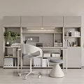 Modern Study Room Interior With Light Gray Bookshelves Writing Desk White Chair And Green Plants