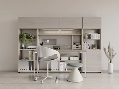 Modern Study Room Interior With Light Gray Bookshelves Writing Desk White Chair And Green Plants 3d model