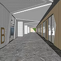 Modern Office Hallway Interior Design With Glass Doors And Wooden Walls
