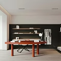 Modern Study Interior Design With Red Desk Black Bookshelf White Books And Table Lamp