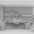 Modern Office Desk With Wooden Striped Backdrop Shelves Decorations Blue Chair Beige Chairs And Window