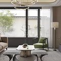 Modern Living Dining Area With Circular Pendant Lights Large Windows Beige Sofa And Green Armchair