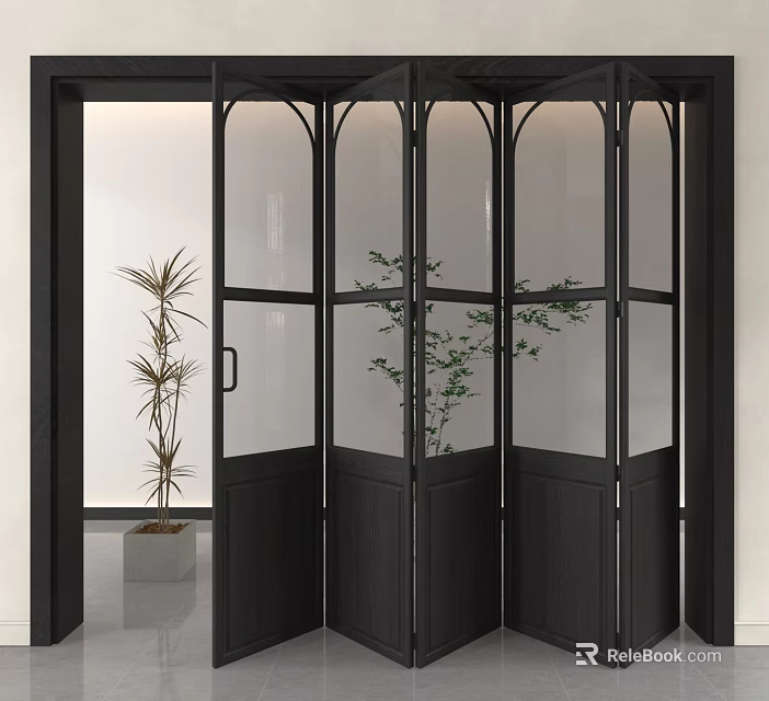 Modern Black Folding Door with Glass Panels in Interior Space and Green Plants 3d model 