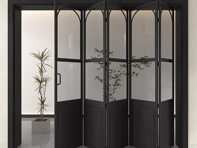 Modern Black Folding Door with Glass Panels in Interior Space and Green Plants 3d model