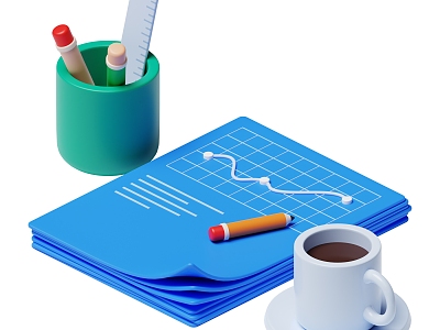 Modern Data Sheet Record Table Coffee Pen Cartoon Office Scene 3d model