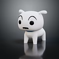 Adorable White Cartoon Dog Doll With Black Eyes Blue Collar On Black Reflective Surface