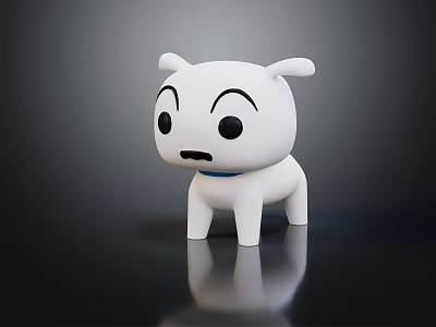 Adorable White Cartoon Dog Doll With Black Eyes Blue Collar On Black Reflective Surface 3d model