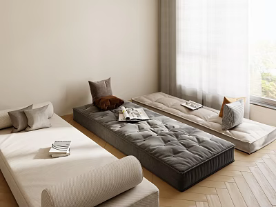 Cozy Room With Three Beds Pillows And Books Near Window 3d model