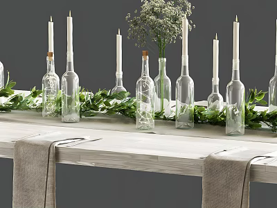 Elegant Dining Table Decor With Glass Bottles Candles Greenery And Linen Runners 3d model