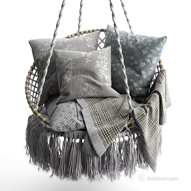 Cozy Sofa Stool Featuring Woven Frame Gray Cushions And Plaid Fringed Blanket 3d model 