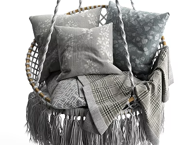 Cozy Sofa Stool Featuring Woven Frame Gray Cushions And Plaid Fringed Blanket 3d model