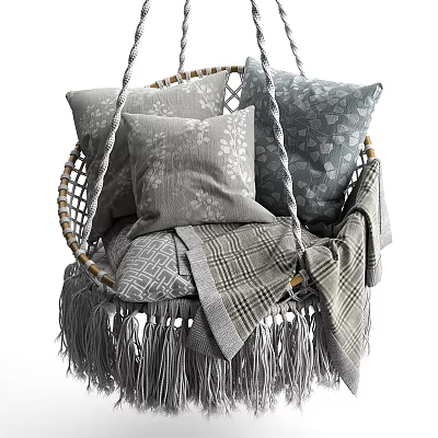 Cozy Sofa Stool Featuring Woven Frame Gray Cushions And Plaid Fringed Blanket 3d model
