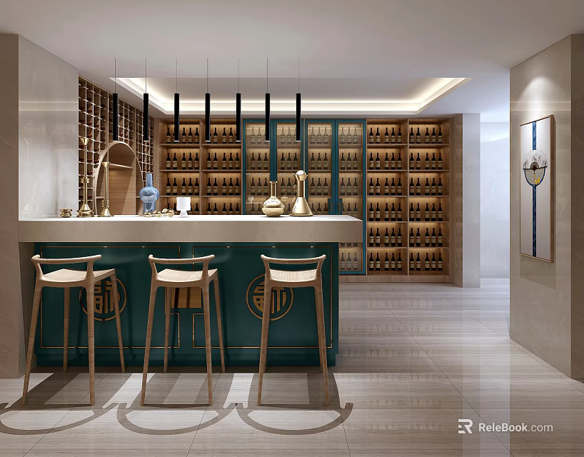 Elegant Bar Area Interior With Green Counter Wooden Stools And Wine Racks 3d model 