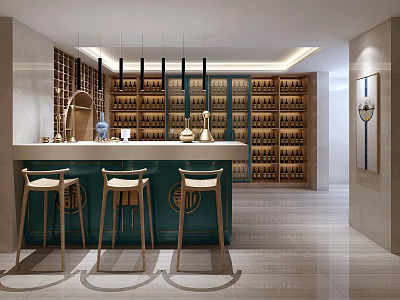 Elegant Bar Area Interior With Green Counter Wooden Stools And Wine Racks 3d model