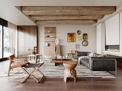Modern Living Room Interior With Exposed Wooden Beams Large Windows Artworks And Fireplace 3d model