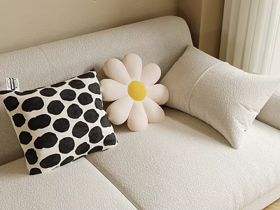 Decorative Pillows On Beige Sofa Including Polka Dot Flower Shaped And Light Rectangular Designs 3d model