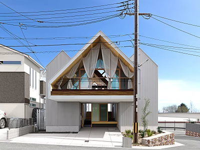 Modern Detached Villa Exterior With Triangular Roof Large Glass Windows And Wooden Accents 3d model