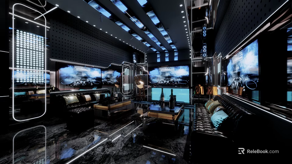 Modern KTV Space With Stylish Lighting Big Screens And Comfortable Seating 3d model 