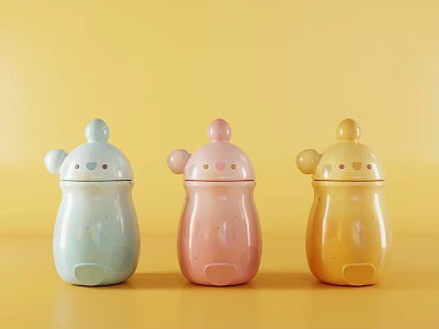 Adorable Cartoon Shaped Storage Jars in Three Colors Light Blue Pink Yellow 3d model