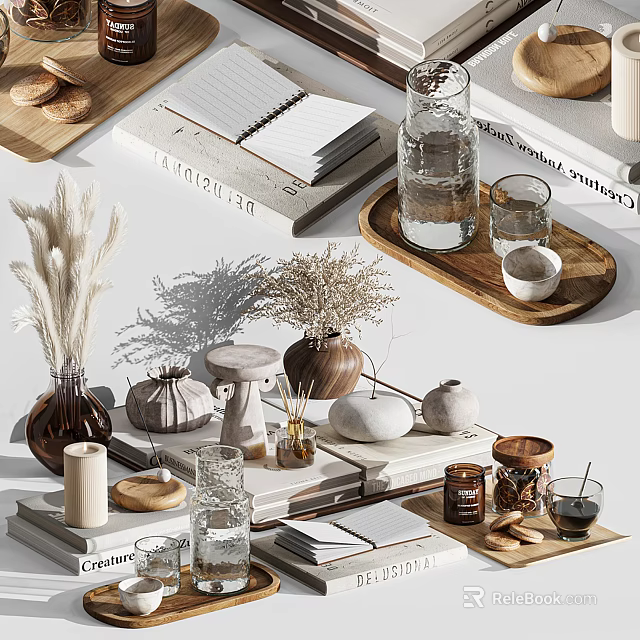 Natural Decorative Ornament Set With Pampas Grass Ceramic Vases Wooden Trays And Notebooks For Home Decor 3d model 