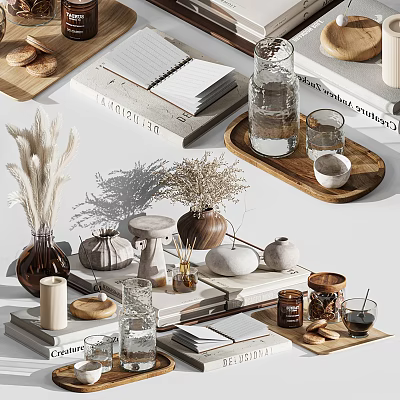 Natural Decorative Ornament Set With Pampas Grass Ceramic Vases Wooden Trays And Notebooks For Home Decor 3d model