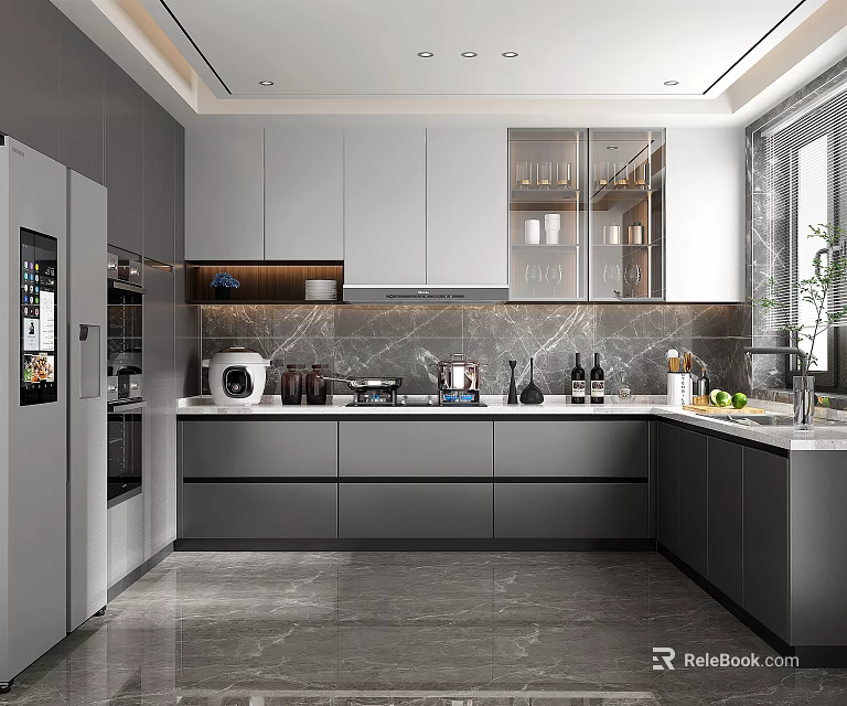 Modern Kitchen Interior With Gray Cabinets Marble Countertops Appliances And Pendant Lights 3d model 