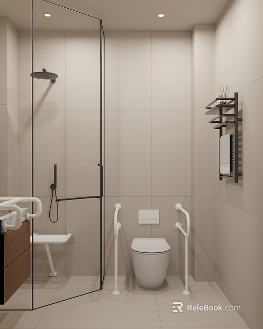Modern Accessible Light Beige Bathroom With Safety Grab Rails And Complete Wet Dry Separation Design 3d model 