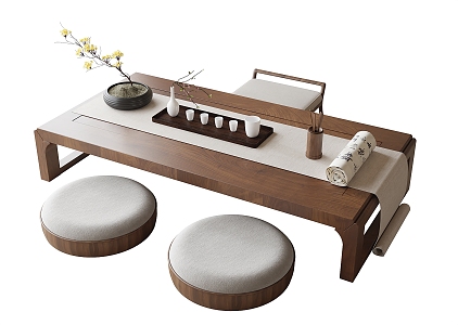 Tatami Tea Table and Chair Tea Set Plant Decoration Leisure Chair Stool 3d model