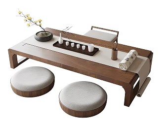 Tatami Tea Table and Chair Tea Set Plant Decoration Leisure Chair Stool 3d model