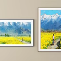 Two Framed Paintings With Snowy Mountains Yellow Flower Fields And People