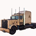 Tan Worn Truck With Triangular Warning Sign And Multiple Exhaust Pipes
