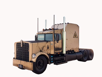 Tan Worn Truck With Triangular Warning Sign And Multiple Exhaust Pipes 3d model