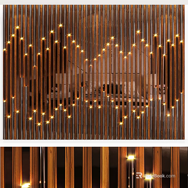Cozy Bedroom Interior With Warm String Lights And Wooden Partition Design 3d model 